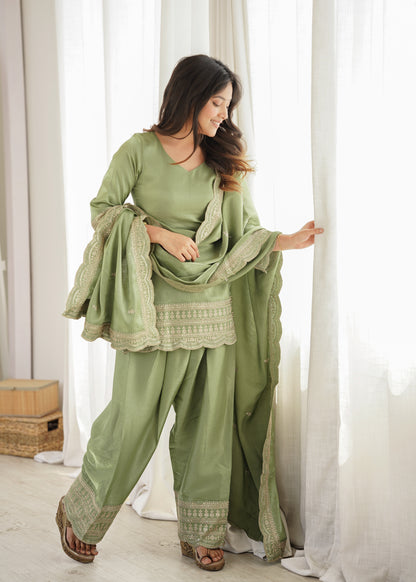 Glass Roman Silk Embroidered Farshi Salwar Suit Set with Dupatta for Women