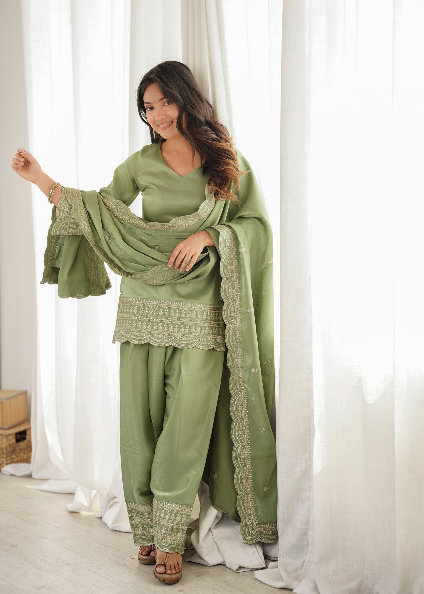 Glass Roman Silk Embroidered Farshi Salwar Suit Set with Dupatta for Women