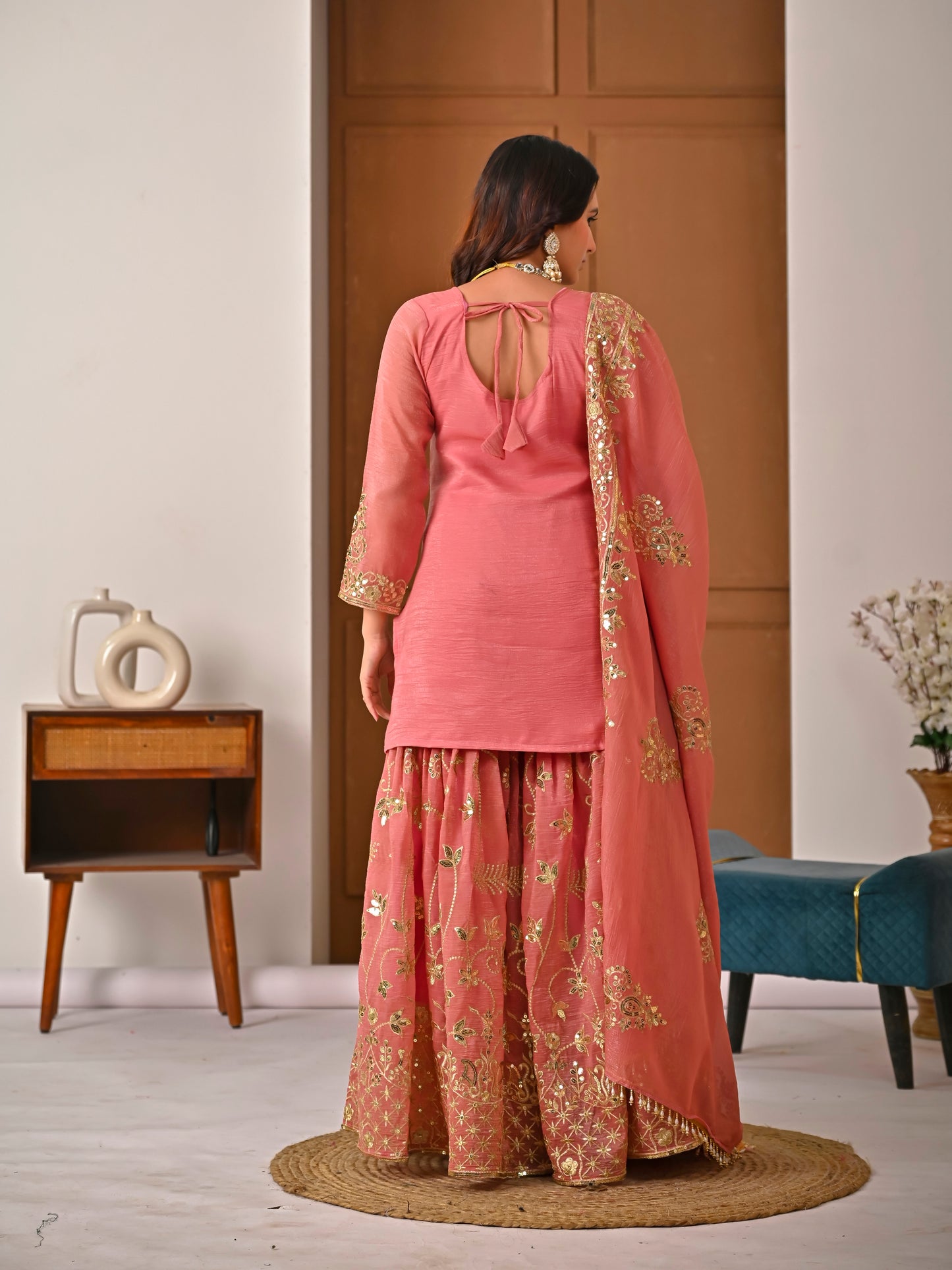 Royal Peach Crunchy Silk Embroidered Sharara Set