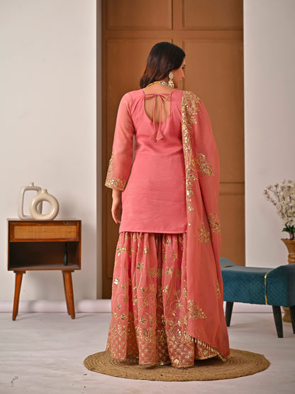 Royal Peach Crunchy Silk Embroidered Sharara Set