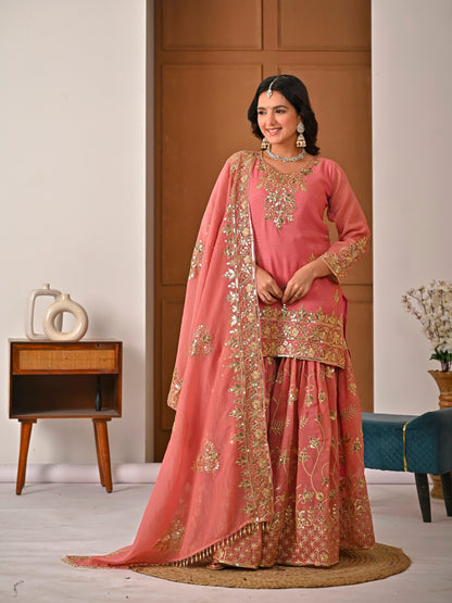 Royal Peach Crunchy Silk Embroidered Sharara Set