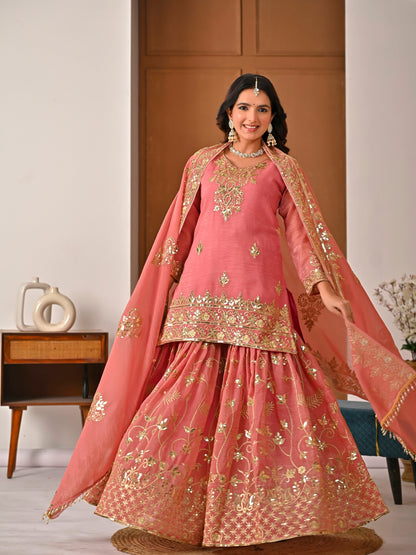 Royal Peach Crunchy Silk Embroidered Sharara Set