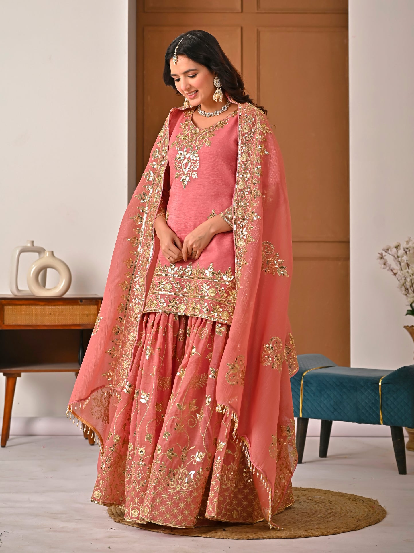 Royal Peach Crunchy Silk Embroidered Sharara Set