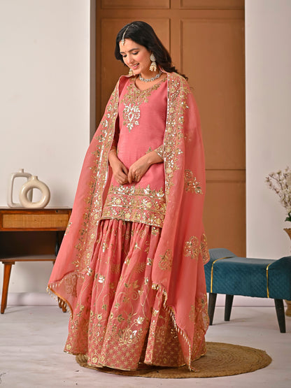 Royal Peach Crunchy Silk Embroidered Sharara Set
