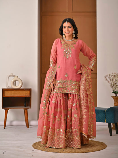 Royal Peach Crunchy Silk Embroidered Sharara Set