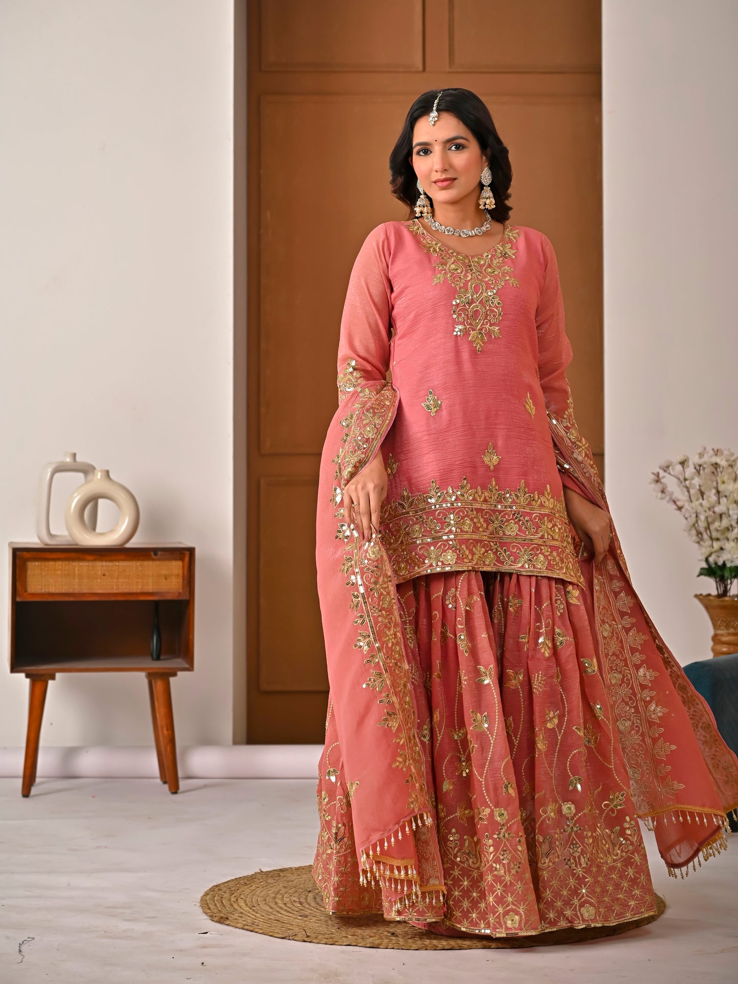 Royal Peach Crunchy Silk Embroidered Sharara Set