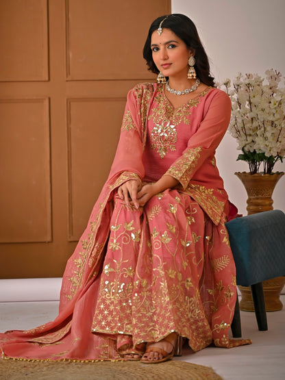 Royal Peach Crunchy Silk Embroidered Sharara Set