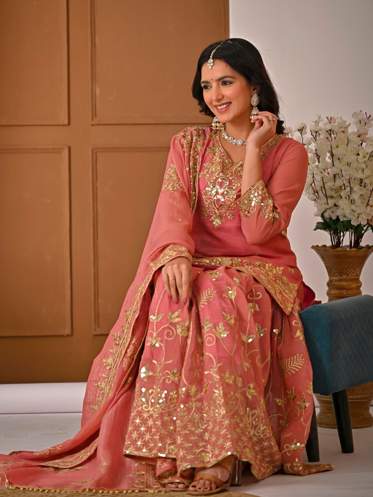 Royal Peach Crunchy Silk Embroidered Sharara Set