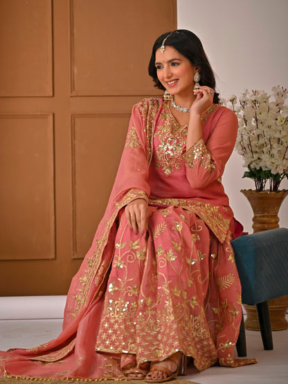 Royal Peach Crunchy Silk Embroidered Sharara Set