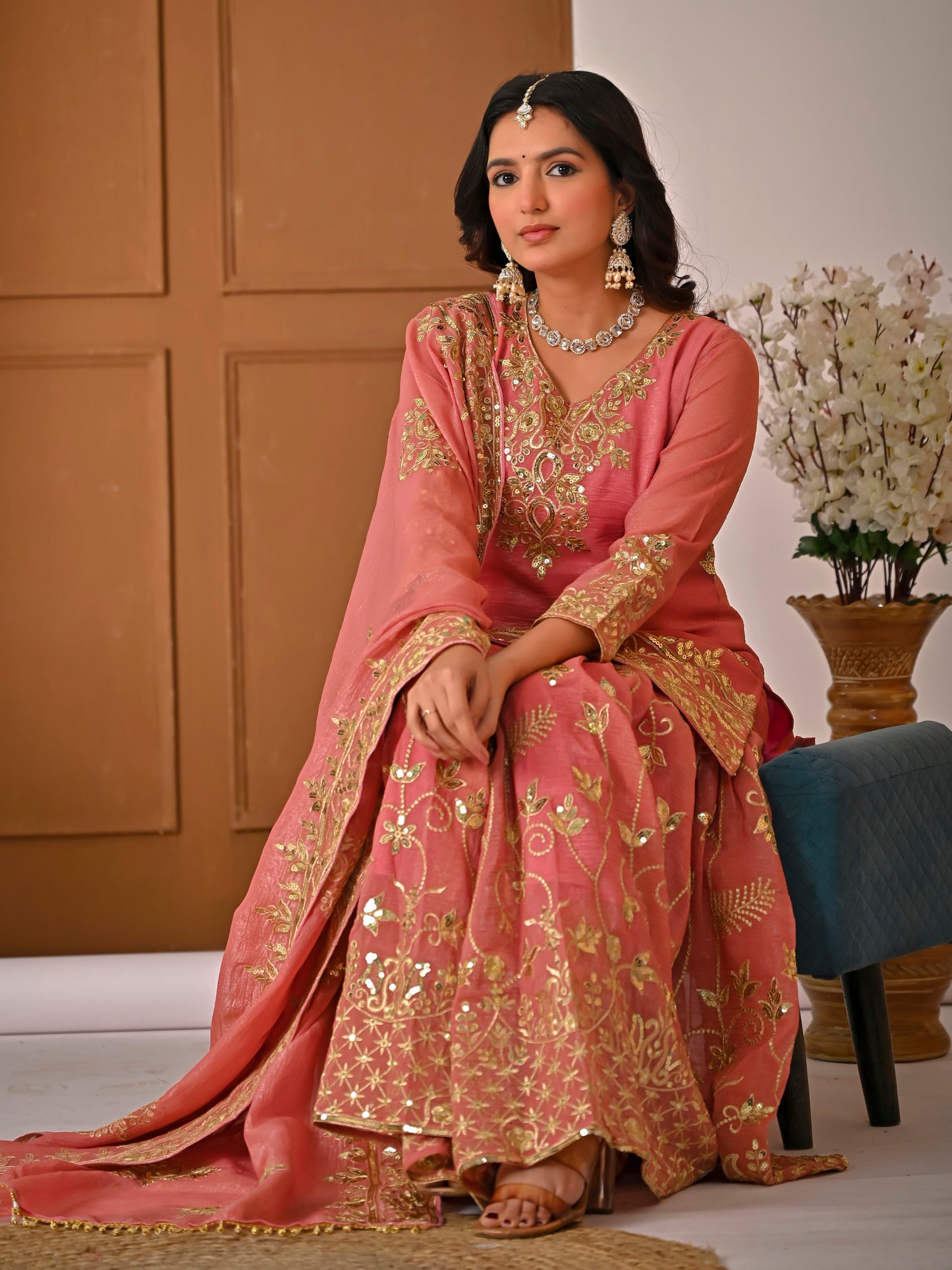 Royal Peach Crunchy Silk Embroidered Sharara Set