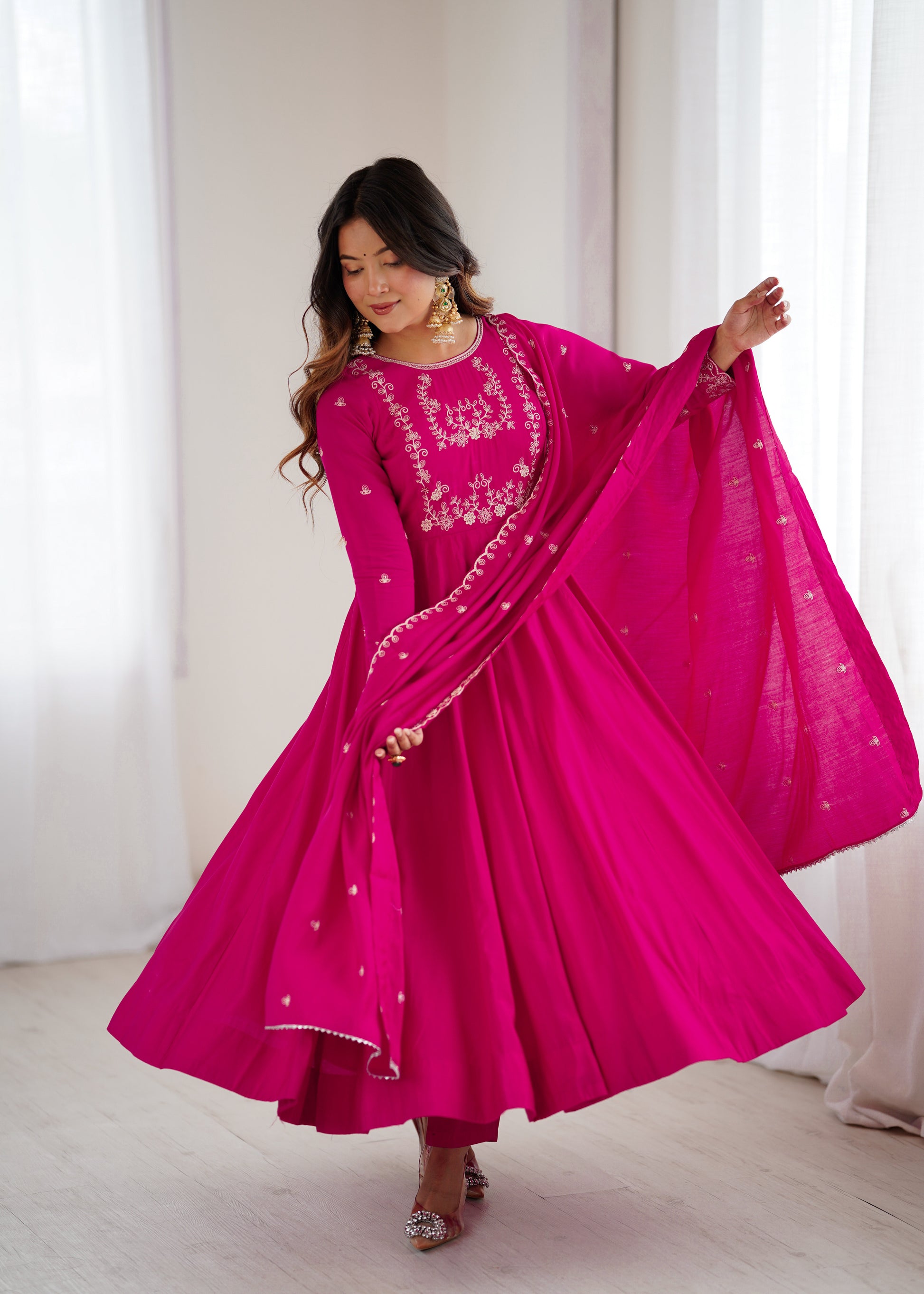 Premium magenta Roman Chanderi silk fully flared Anarkali suit with handwork embroidery and dupatta