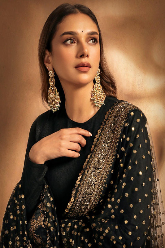 Aditi Arora Worn Black Roman Silk Anarkali Embroidered Gown | Wedding & Festive Wear