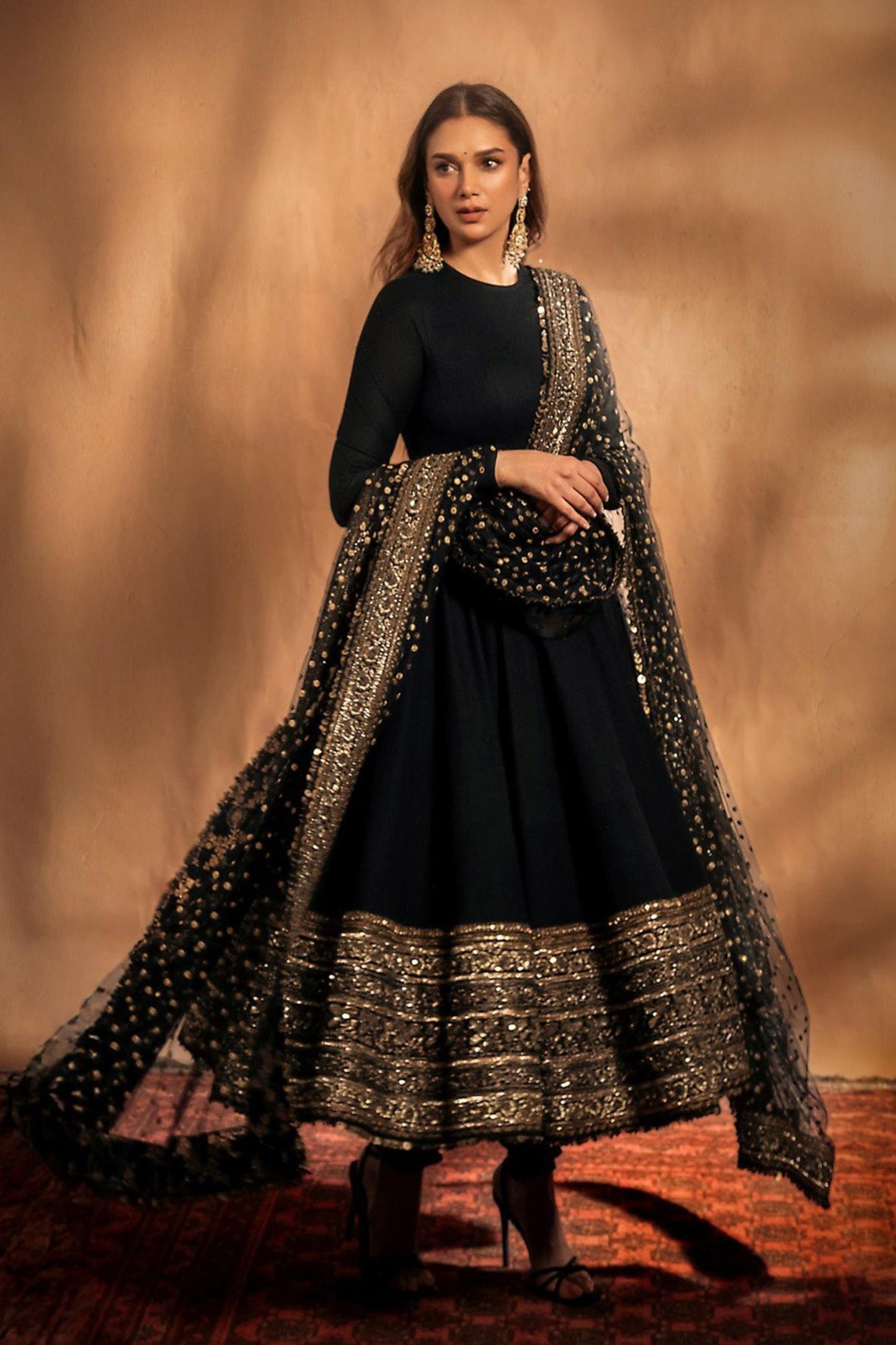 Aditi Arora Worn Black Roman Silk Anarkali Embroidered Gown | Wedding & Festive Wear
