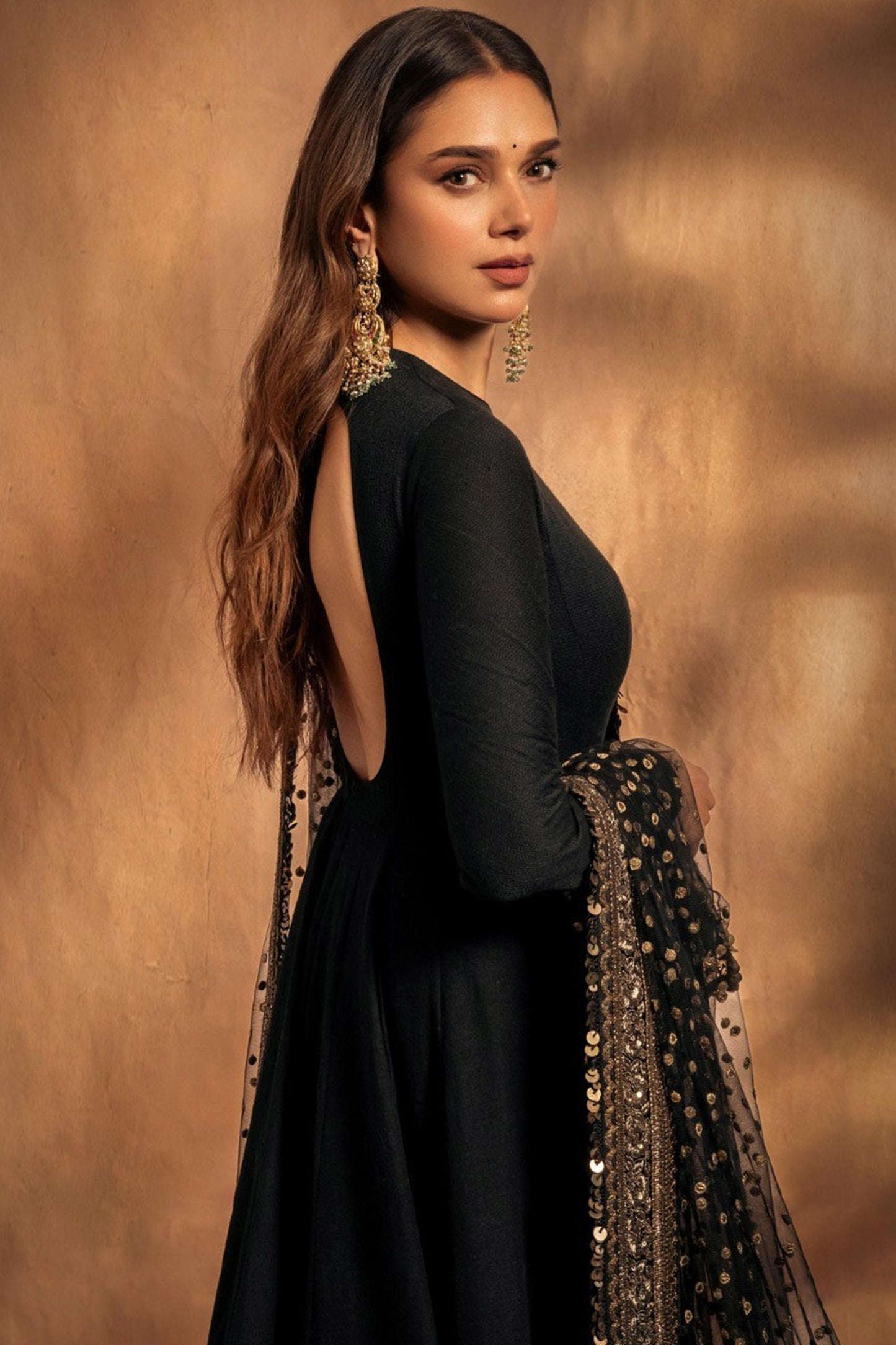 Aditi Arora Worn Black Roman Silk Anarkali Embroidered Gown | Wedding & Festive Wear