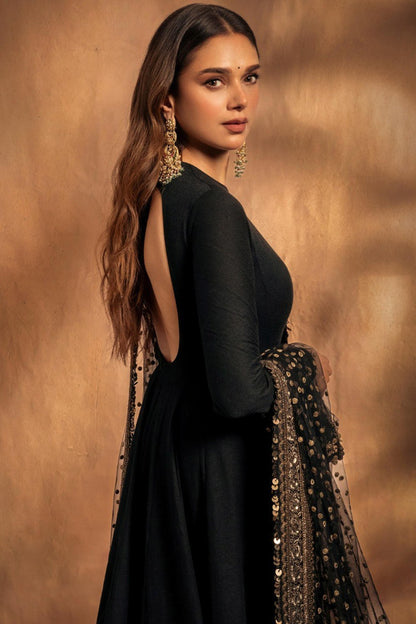 Aditi Arora Worn Black Roman Silk Anarkali Embroidered Gown | Wedding & Festive Wear
