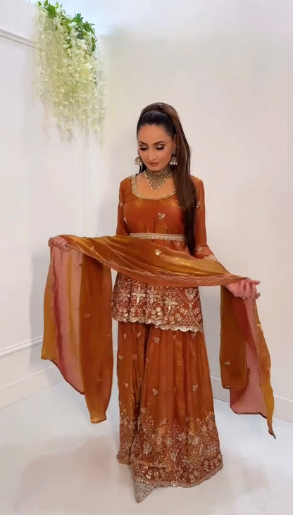 Luxury Party Wear Fendy Silk Sharara Palazzo Suit Set