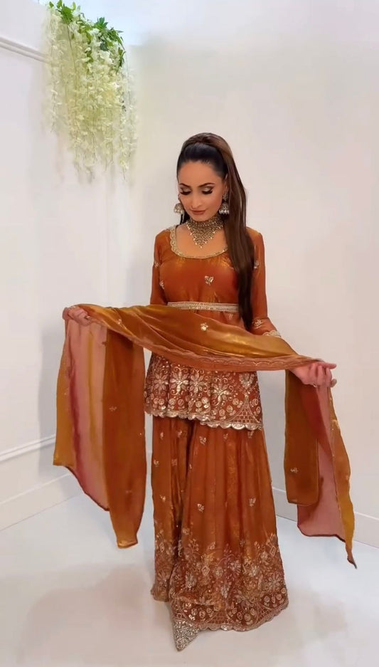 Luxury Party Wear Fendy Silk Sharara Palazzo Suit Set
