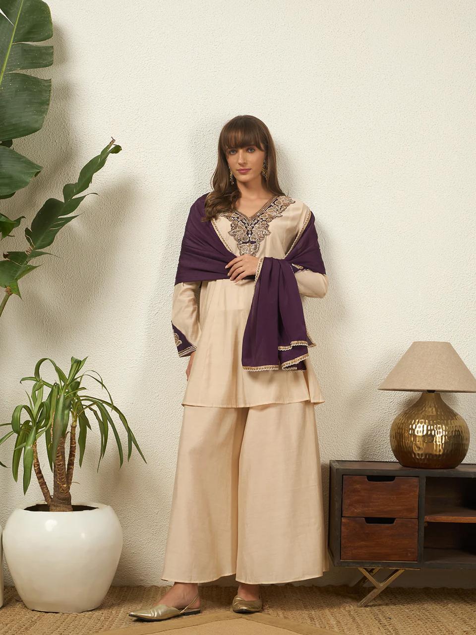 Women's Heavy Roman Silk Embroidered Sharara Suit Set with Hand Work, Chinnon Silk Dupatta