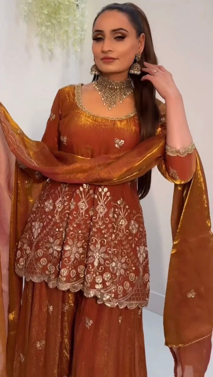 Luxury Party Wear Fendy Silk Sharara Palazzo Suit Set