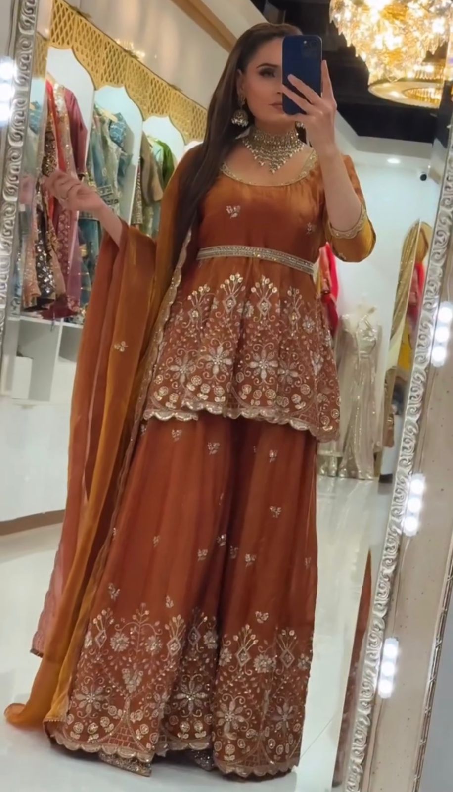 Luxury Party Wear Fendy Silk Sharara Palazzo Suit Set