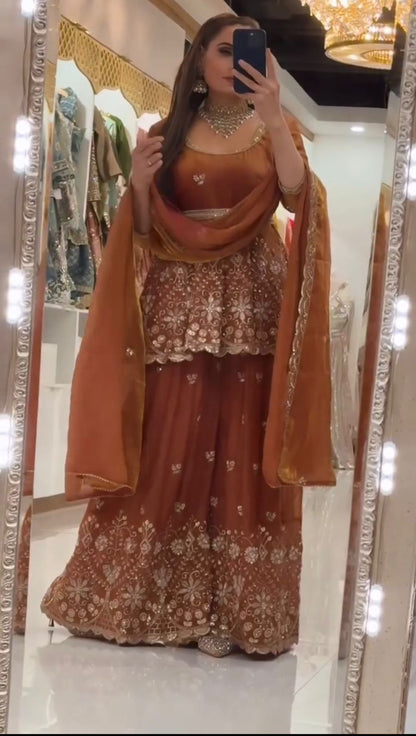 Luxury Party Wear Fendy Silk Sharara Palazzo Suit Set