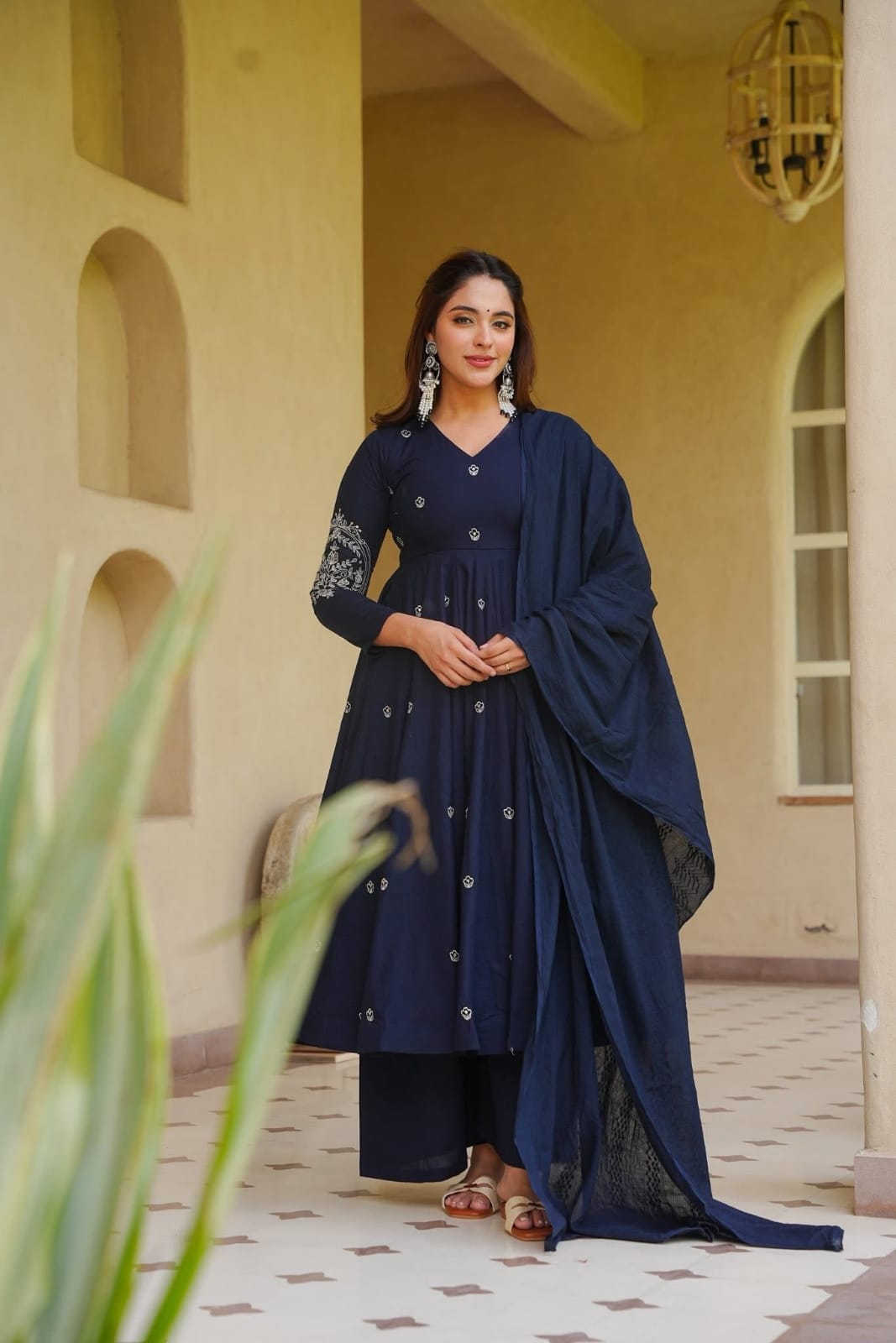Women's Heavy Roman Silk Embroidered Anarkali Suit Set with Palazzo & Dupatta