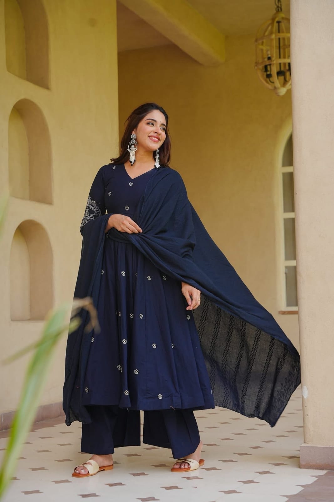 Women's Heavy Roman Silk Embroidered Anarkali Suit Set with Palazzo & Dupatta