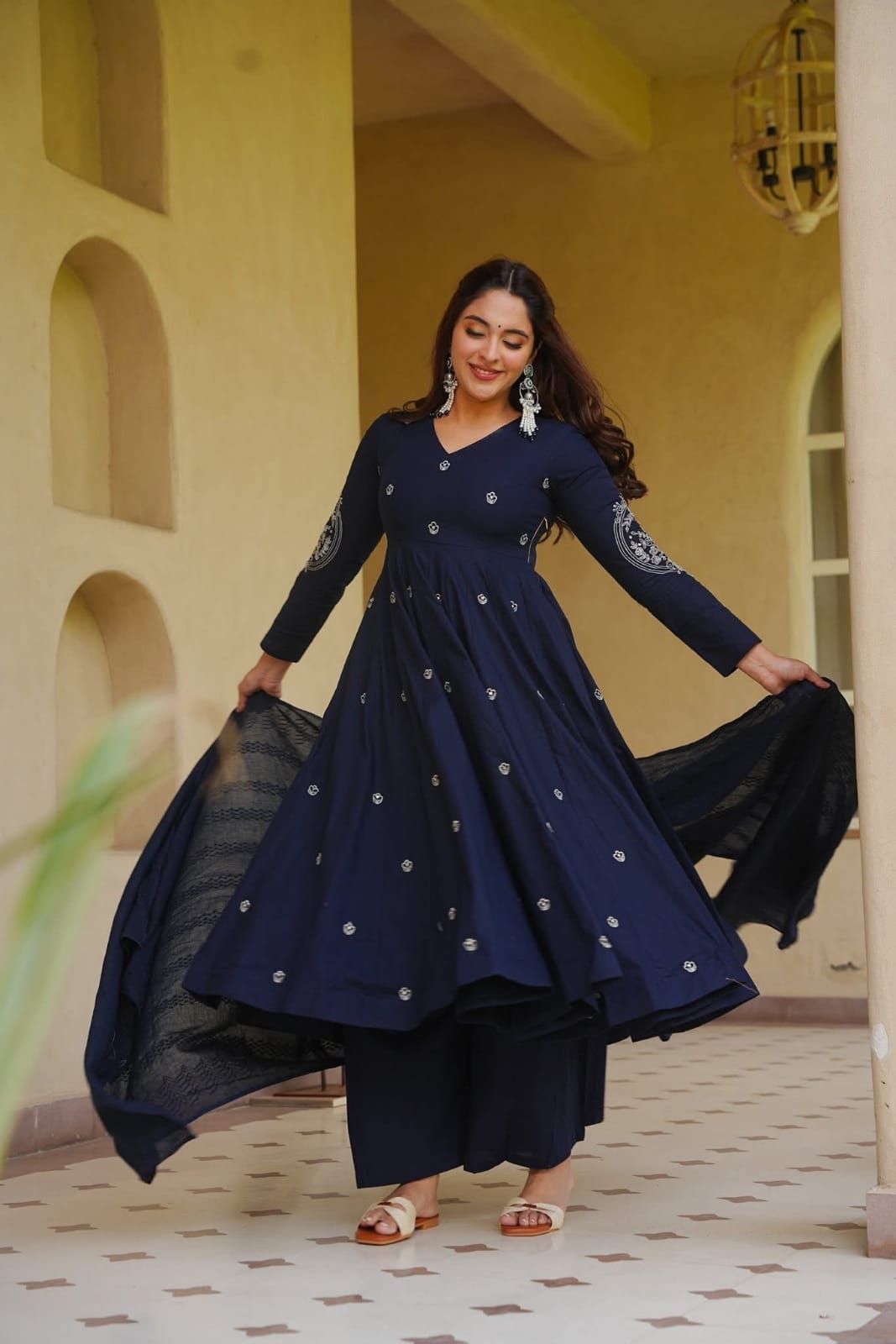 Women's Heavy Roman Silk Embroidered Anarkali Suit Set with Palazzo & Dupatta