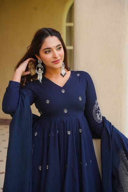 Women's Heavy Roman Silk Embroidered Anarkali Suit Set with Palazzo & Dupatta