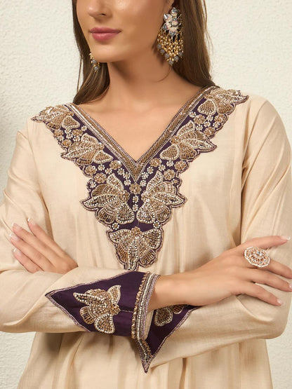 Women's Heavy Roman Silk Embroidered Sharara Suit Set with Hand Work, Chinnon Silk Dupatta