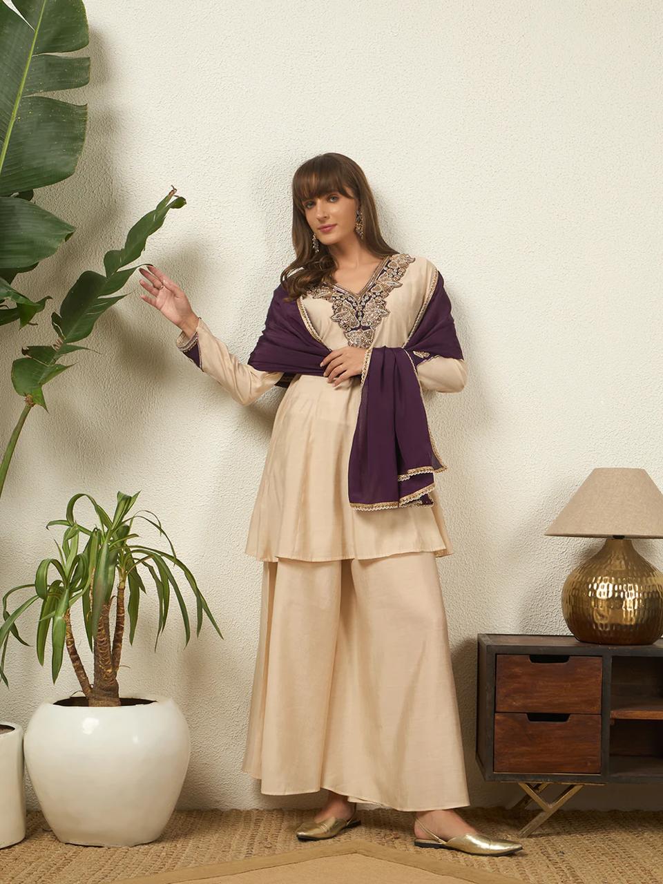 Women's Heavy Roman Silk Embroidered Sharara Suit Set with Hand Work, Chinnon Silk Dupatta