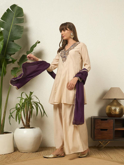 Women's Heavy Roman Silk Embroidered Sharara Suit Set with Hand Work, Chinnon Silk Dupatta