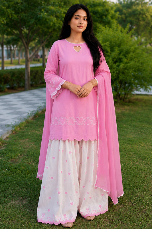 Pink Heart Designer Farshi Salwar Suit is a beRoman Cotton, a luxurious Heavy Cwith beautyCambric Cot, this outfit