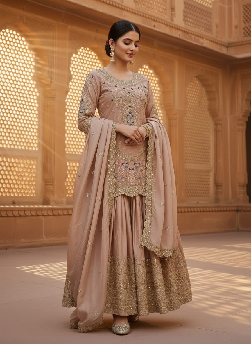Close up of beige anarkali gown embroidery work