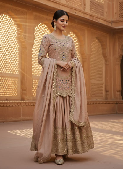 Close up of beige anarkali gown embroidery work