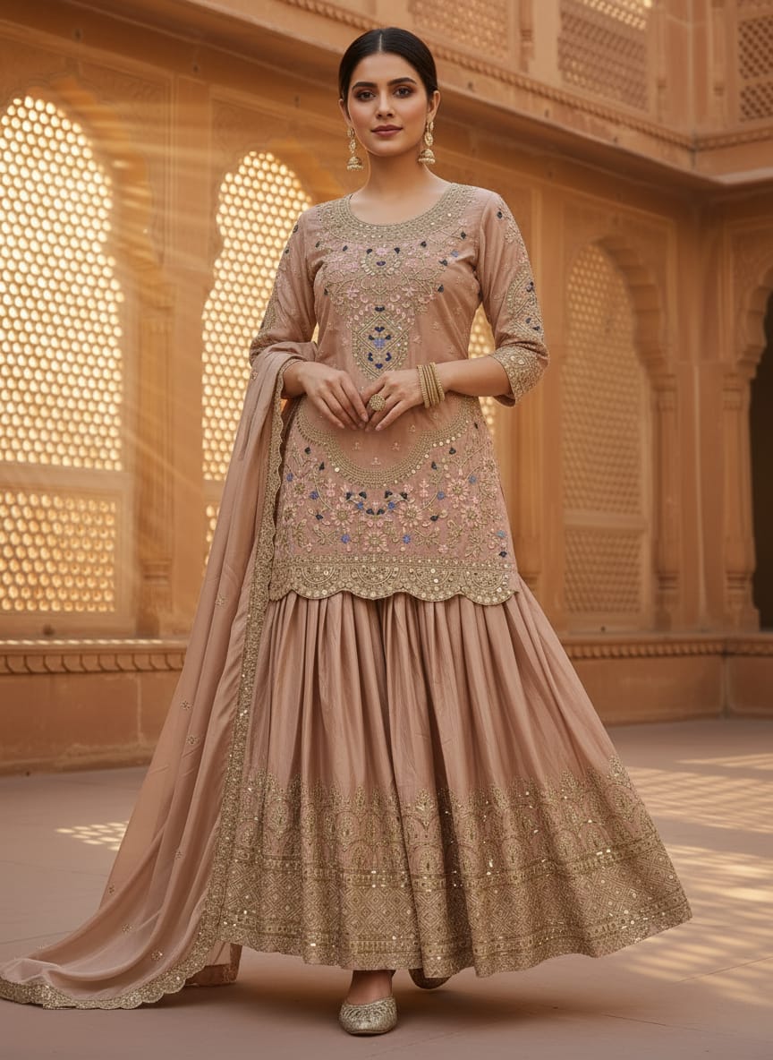 Beige embroidered anarkali gown front view for wedding wear