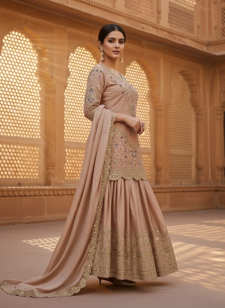 Beige sharara side view with elegant flare