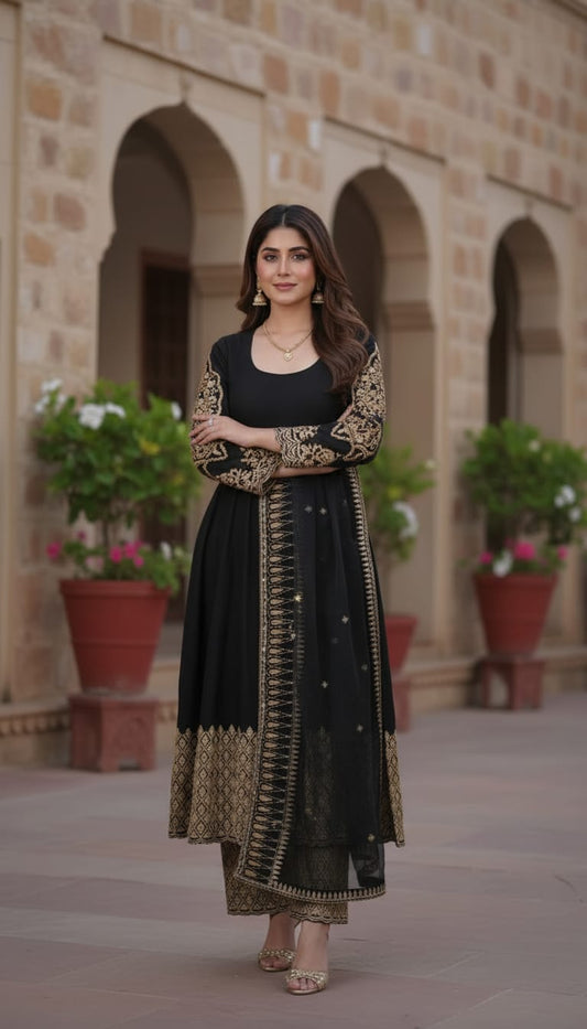 Black blooming georgette Anarkali suit with 5mm sequence embroidery work, pant and dupatta for festive wear