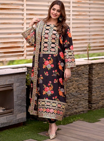 Black digital printed suit with matching dupatta, floral pattern ethnic wear for women