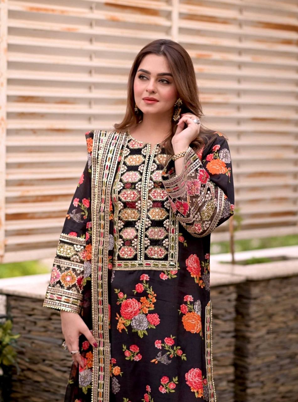 Elegant black digital print ethnic suit set with dupatta for women, perfect for party, festive and daily wear