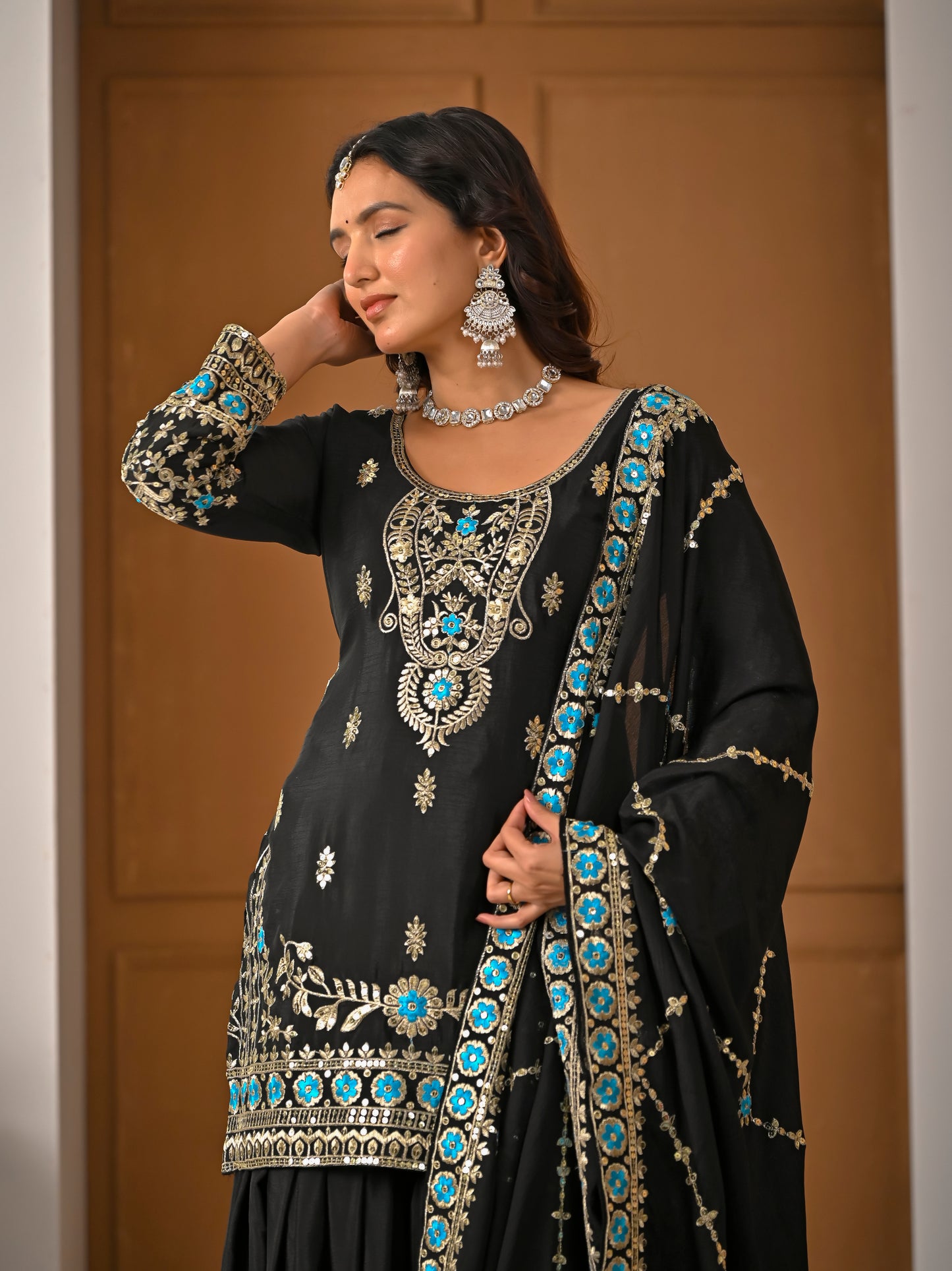 Black party wear kurta sharara set in vichitra silk with sequence embroidery