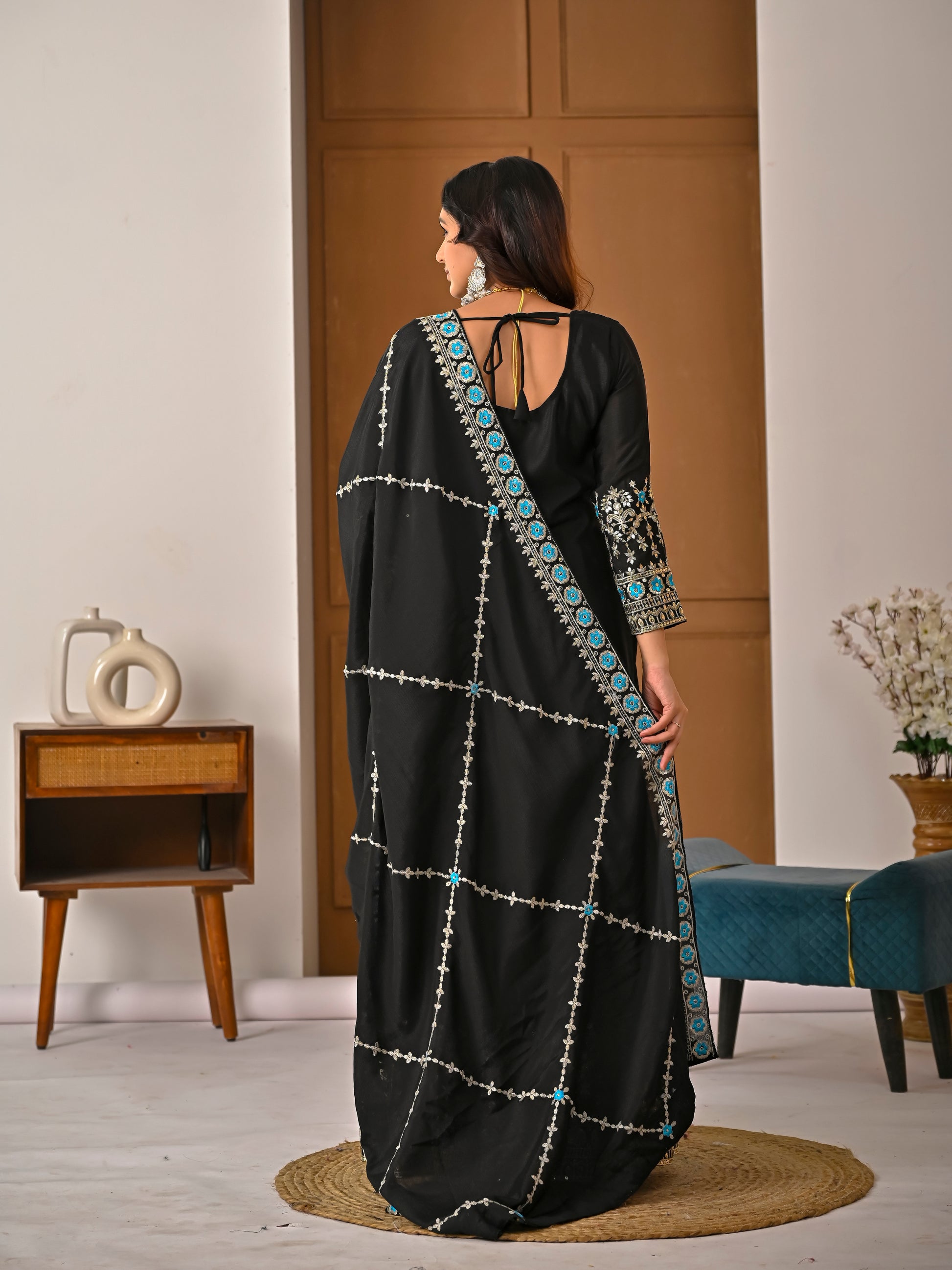 Black festive wear kurta sharara set in vichitra silk with sequence embroidery