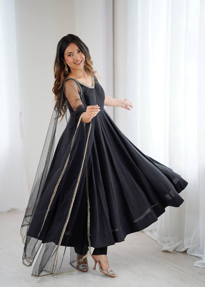 Black Roman silk Chanderi Anarkali gown with heavy flare