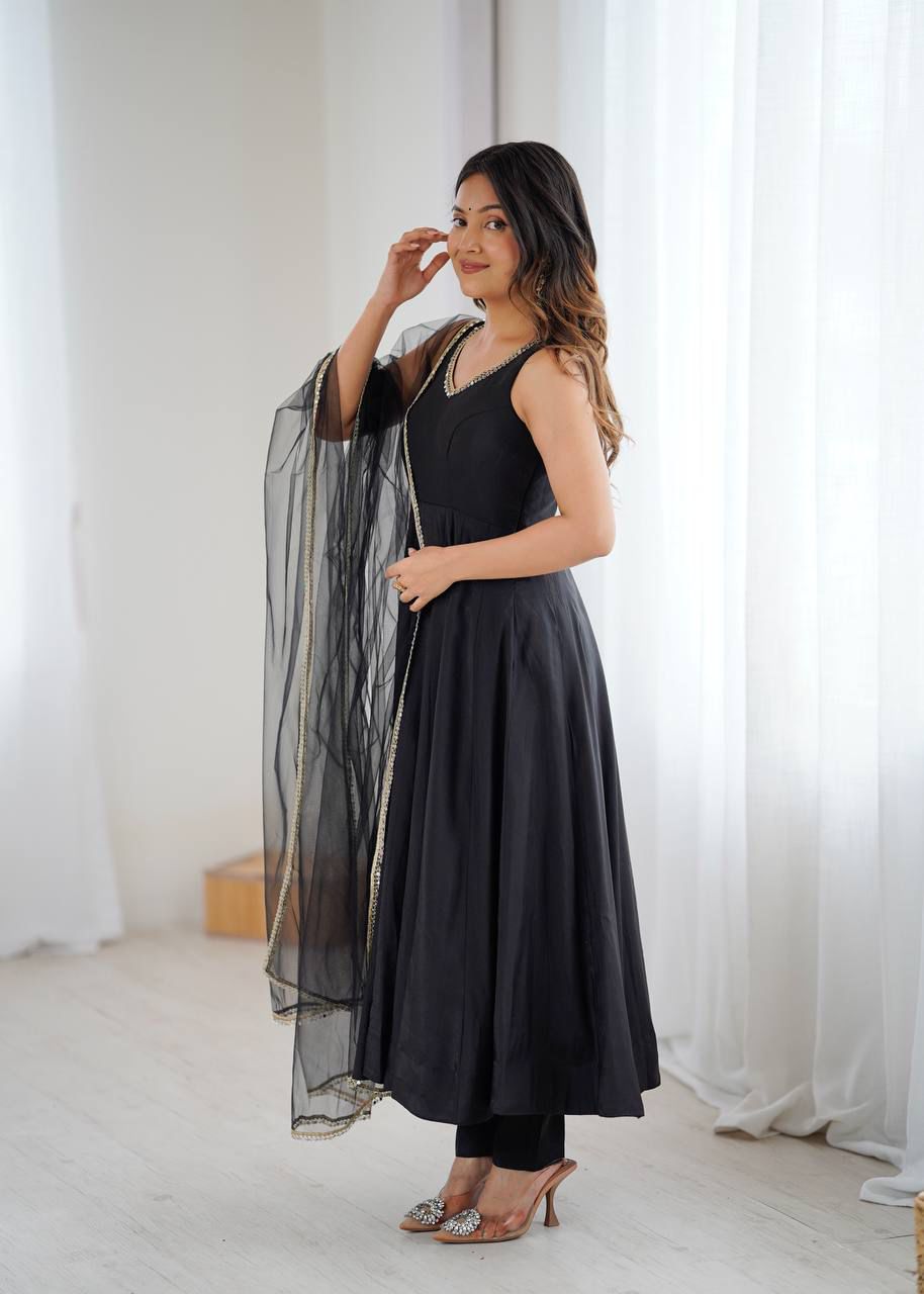 Black Roman silk Chanderi Anarkali gown with heavy flare