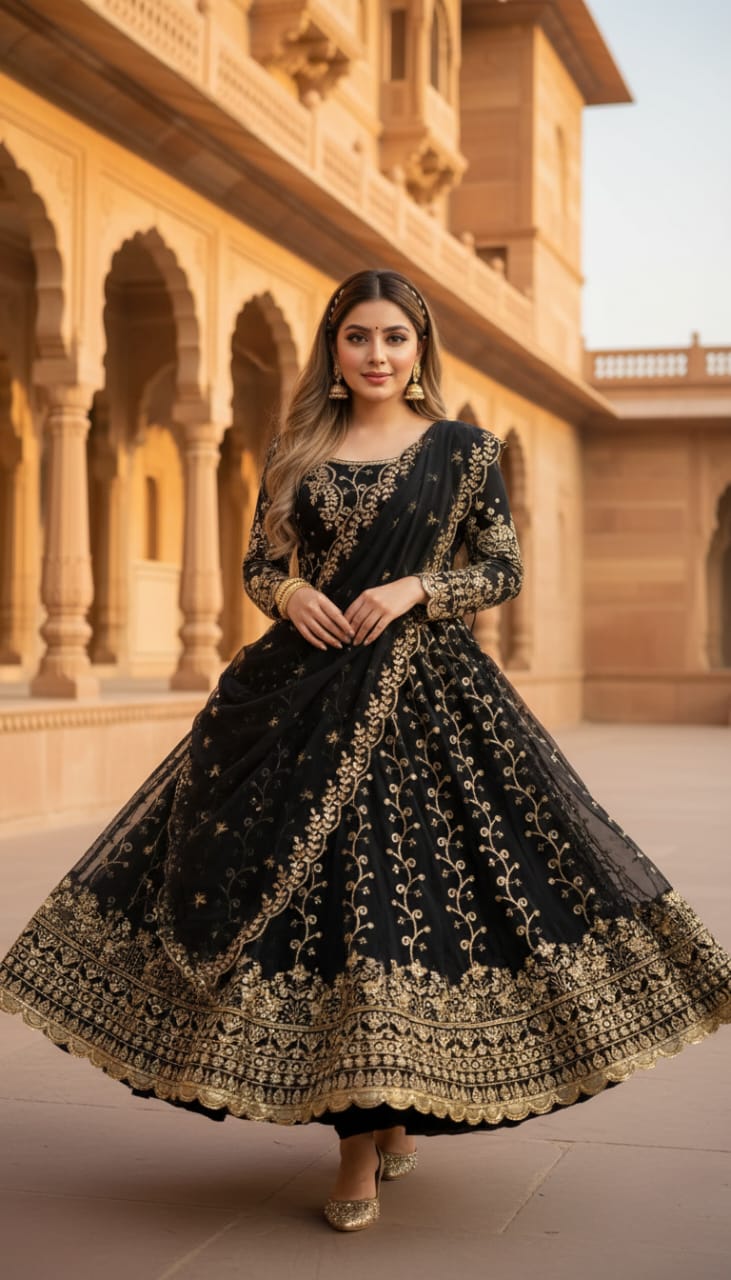 Black heavy embroidered Anarkali suit with dupatta