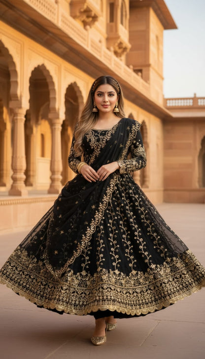 Black heavy embroidered Anarkali suit with dupatta