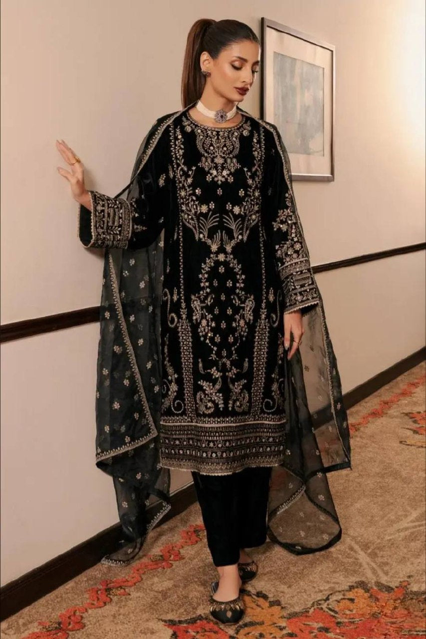 Black Korean satin silk suit with heavy embroidery and 5mm sequence work front view