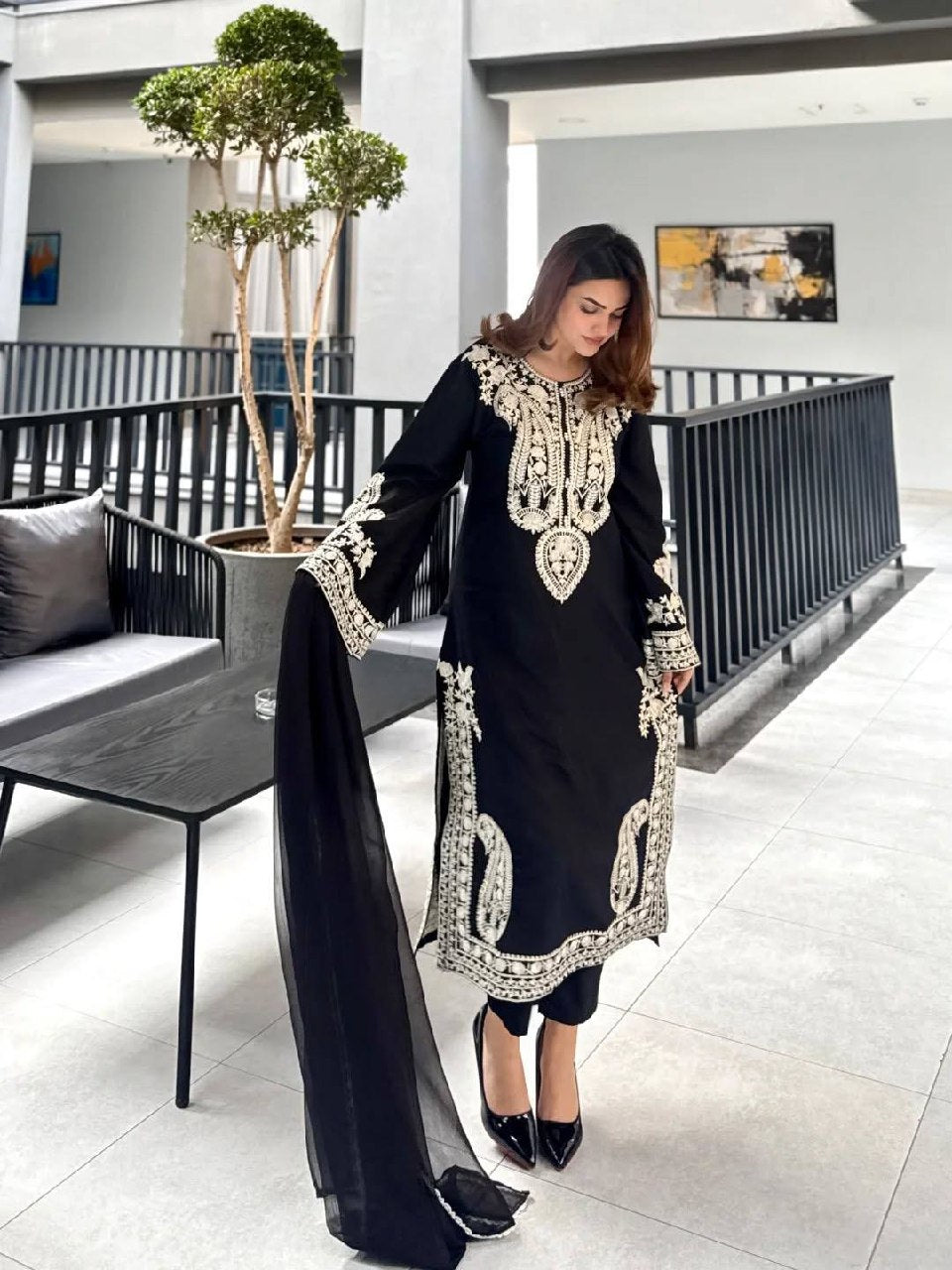 Back side embroidery of black organza silk kurta plazzo set