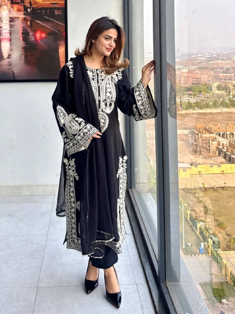 Black organza dupatta with four side lace border