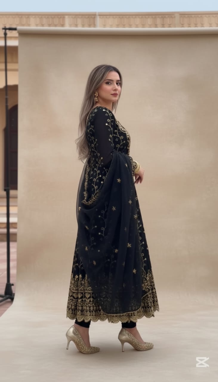 Black heavy embroidered designer Anarkali suit with dupatta